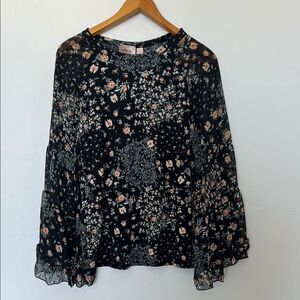 Willow & Root Floral Bell Sleeve Blouse Boho Black Size Large